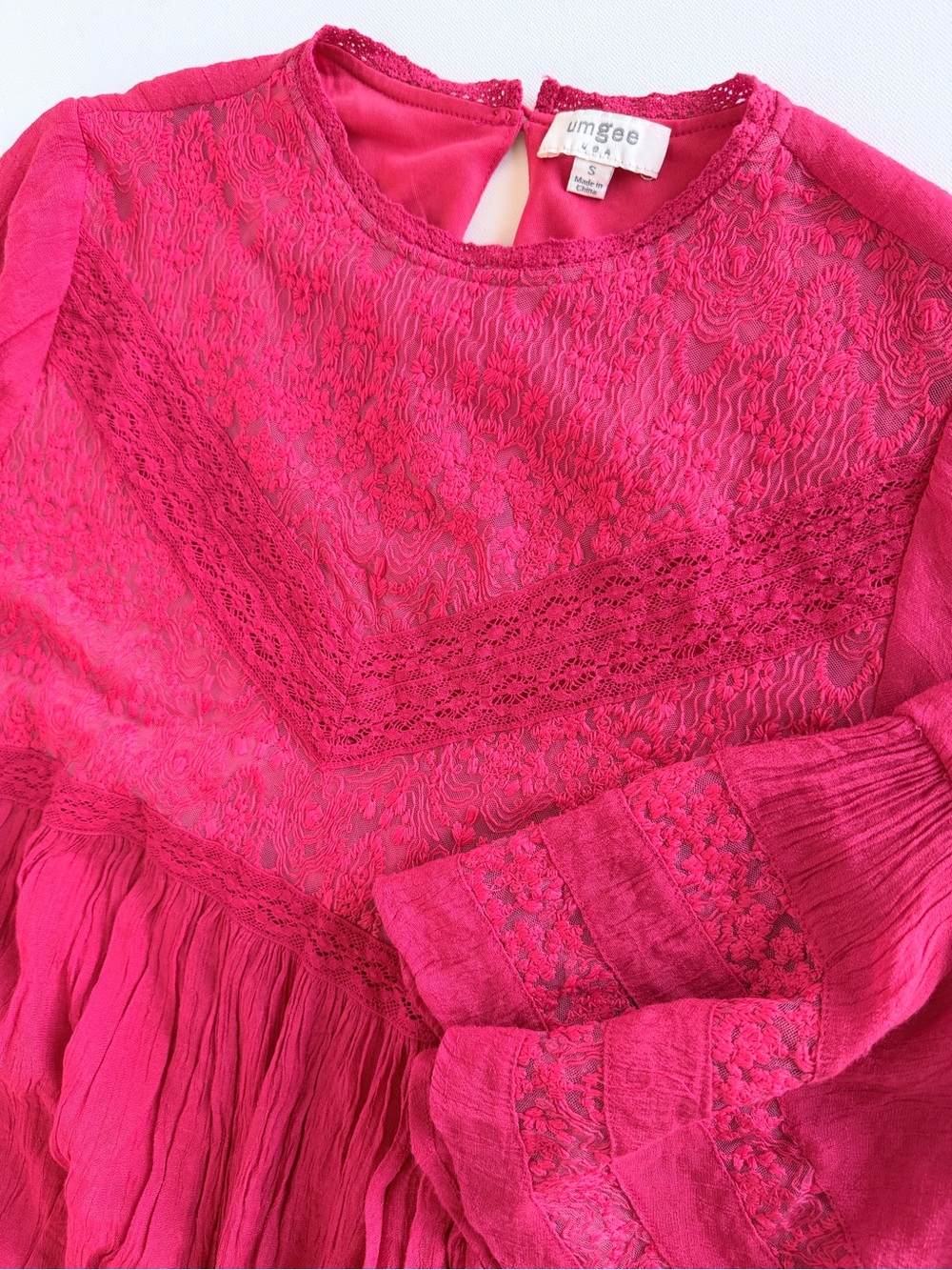 Umgee Bright Red Lace Boho Tiered Bell Sleeve Tunic Dress Top Small - Picture 9 of 9